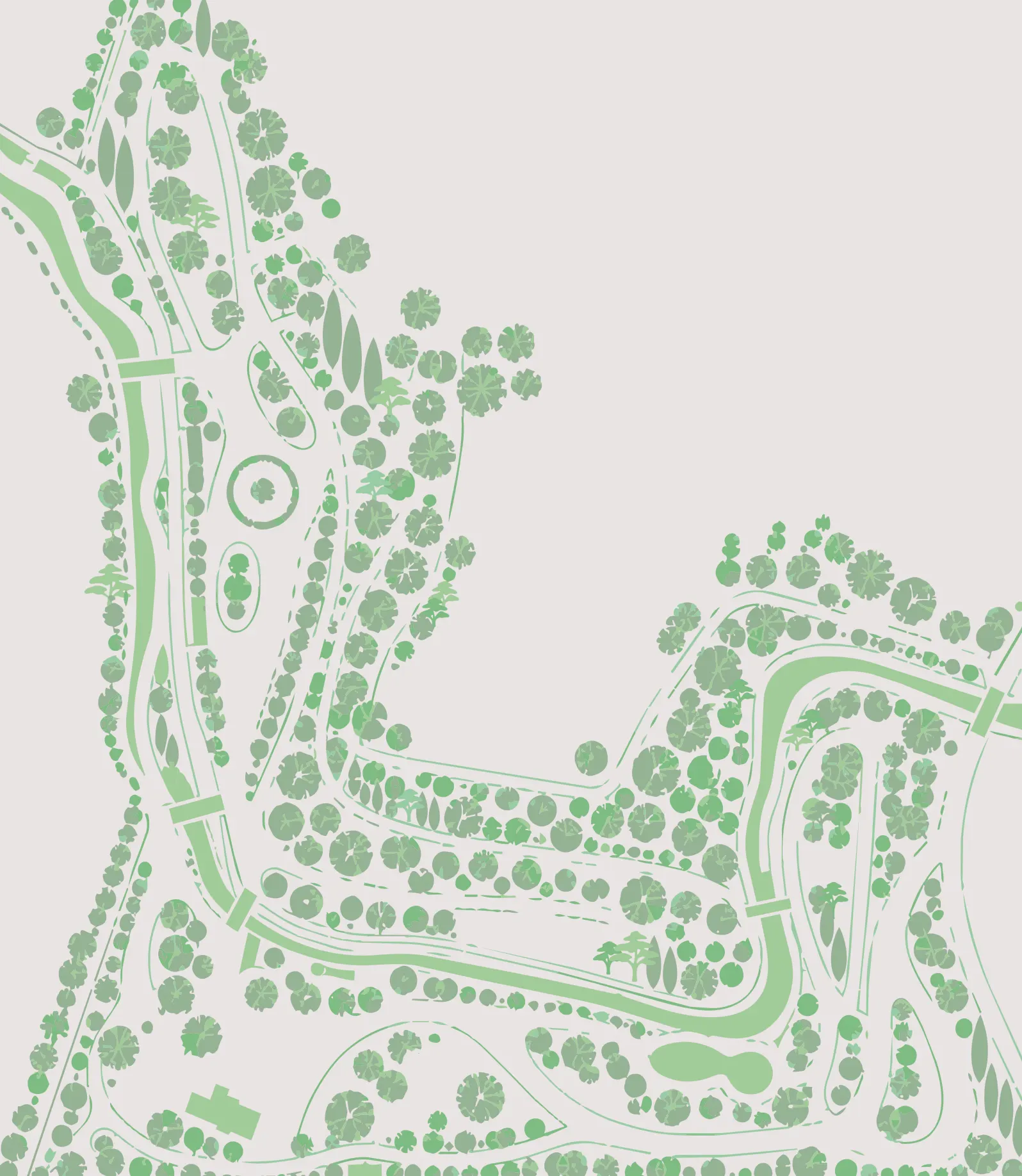 Mappa illustrata del Parco delle Acque Minerali ricavata dalla pianta storica, con il torrente, i viali e gli alberi